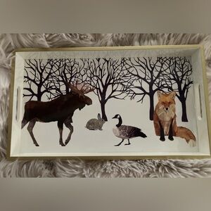 Two Can Art Laminated Wood FOX & Moose Winter Solstice Forest Woodland Tray 7x12